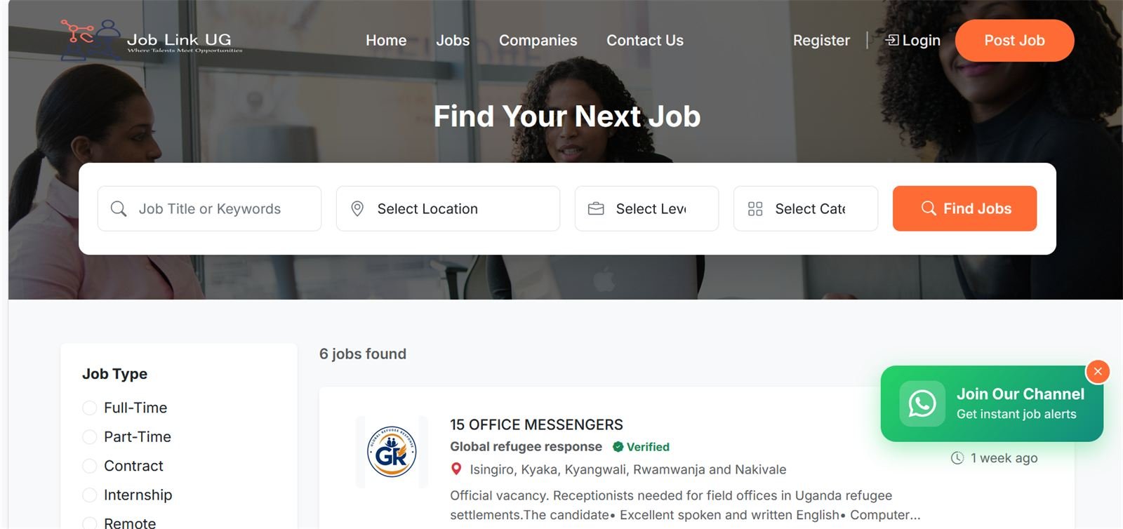 Job Link UG website showing job search and listings